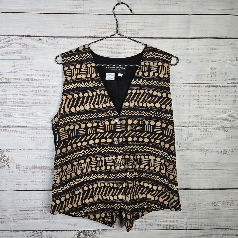 Adrienne Vittadini Tribal Print Vest 90s Vintage-Inspired Size Medium 100% Silk